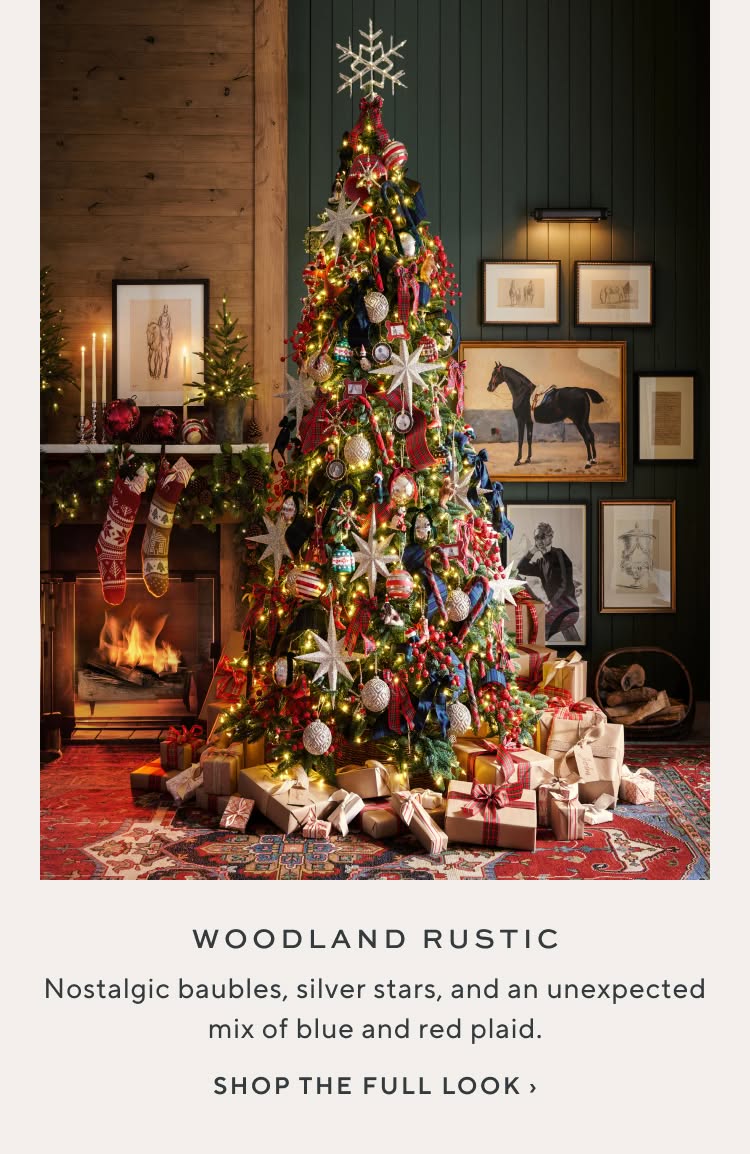 Woodland Rustic: nostalgic baubles, silver stars, and an unexpected mix of blue and red plaid. Shop the full look.